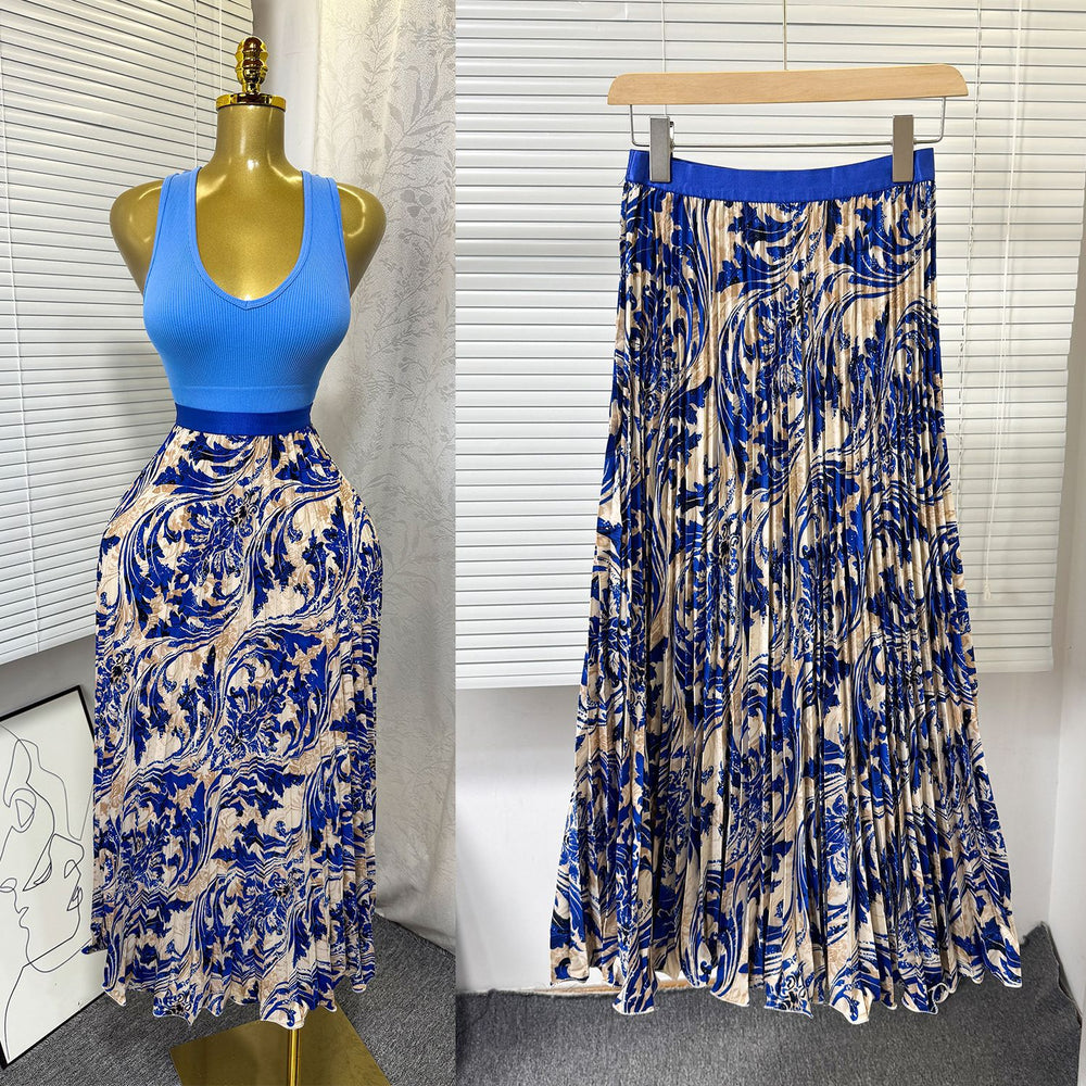 export  spring/summer new arrival: printed pleated a-line midi skirt with elastic waist and full sweep
