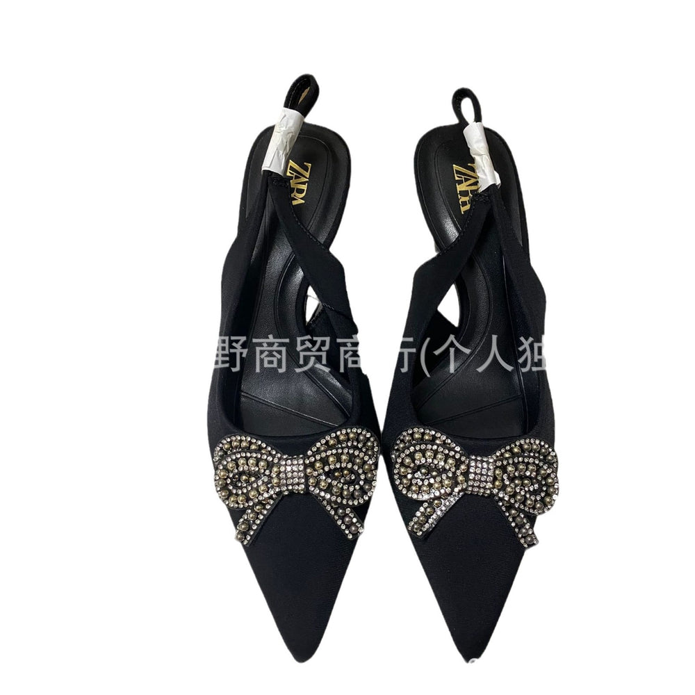 Za2022new arrival sandals women's high heels pointed toe back strap bows rhinestone chain bright decoration stiletto flats women's shoes