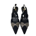 Za2022new arrival sandals women's high heels pointed toe back strap bows rhinestone chain bright decoration stiletto flats women's shoes