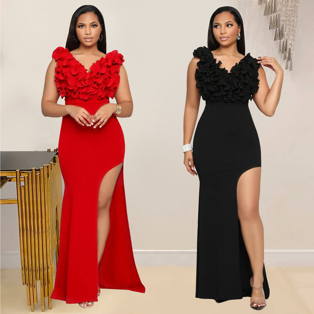 C7013 cross-border   independent station fashionable women's v neck sleeveless long slit dress