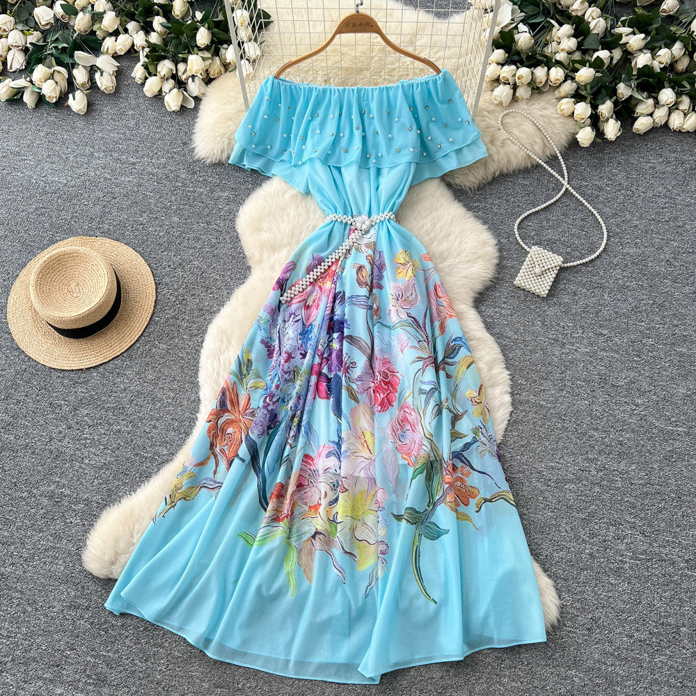 new women's summer sleeveless printed dress with pearl off-the-shoulder neckline, high-waisted a-line skirt, commute-friendly high street style
