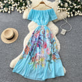 new women's summer sleeveless printed dress with pearl off-the-shoulder neckline, high-waisted a-line skirt, commute-friendly high street style