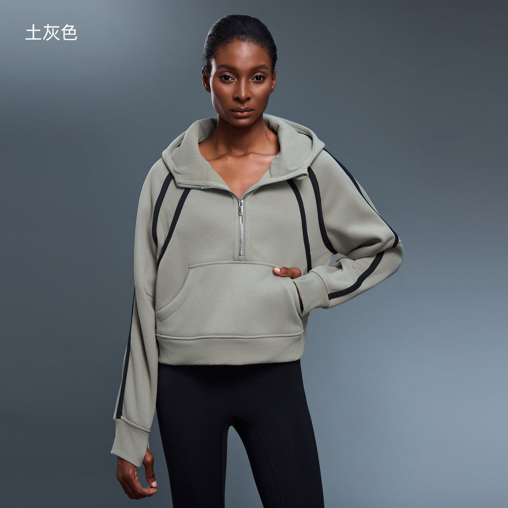 High collar half-zip hooded sweatshirt women's fleece-linedloosecontrast color sports topseasiest for matchcasualoutweard25159
