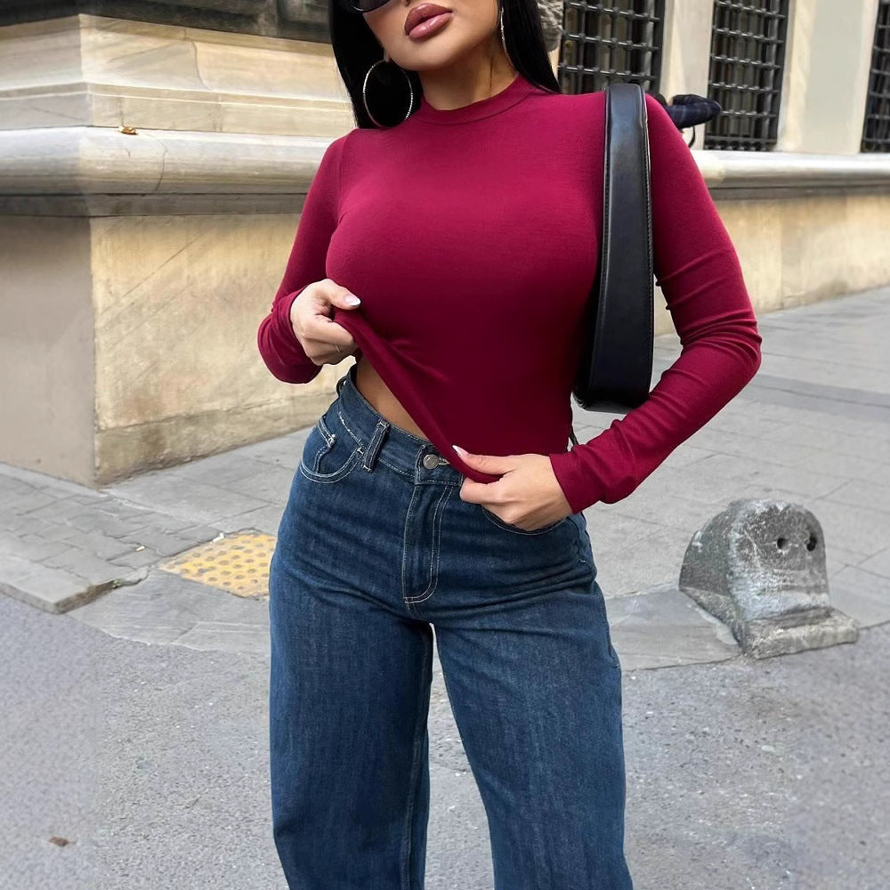 European and American fashion spring and autumn women's clothing long-sleeved semi-turtleneck T-shirt Spice girl tight top slim-fitting women's T-shirt