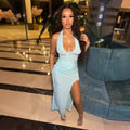 European and american cross-border women's fashion:  early winter new arrival - solid color sleeveless halter neck sexy u-neck backless maxi dress