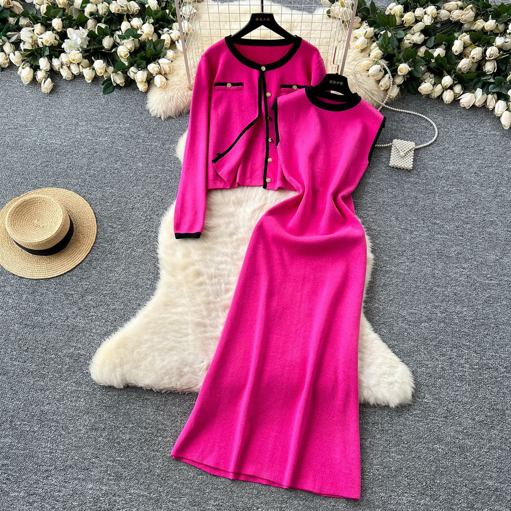 Xiaoxiangfengtwo-piece set women's fall and winterclassyeasiest for match round neck knittingcardiganoutwear + sleeveless vest dress