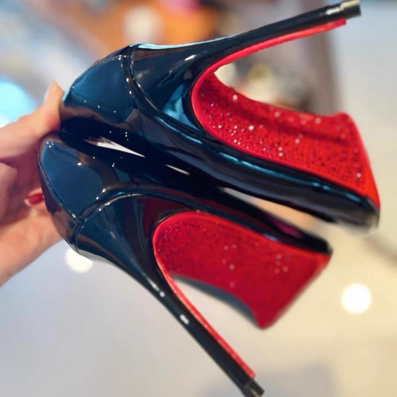 2024 spring new arrival: red sole rhinestone "queen bee" stiletto heels - black pointed-toe patent leather pumps, effortlessly chic and confident