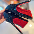 2024 spring new arrival: red sole rhinestone "queen bee" stiletto heels - black pointed-toe patent leather pumps, effortlessly chic and confident
