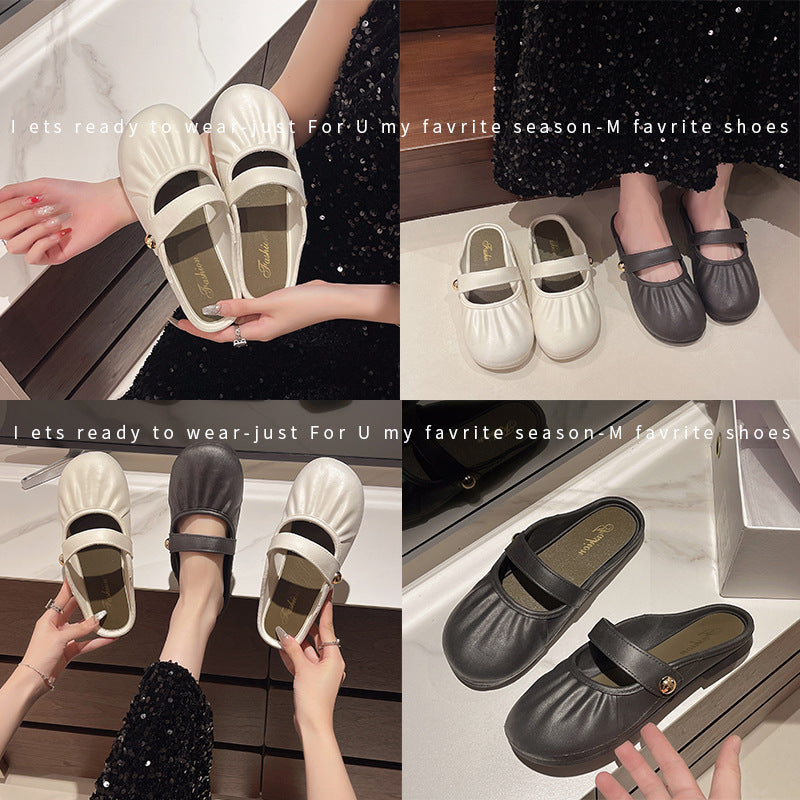 Baotou half slippers for women outwear2025 spring and summer new arrivaleasiest for matchretroflats slip-on lazy pleated sandals