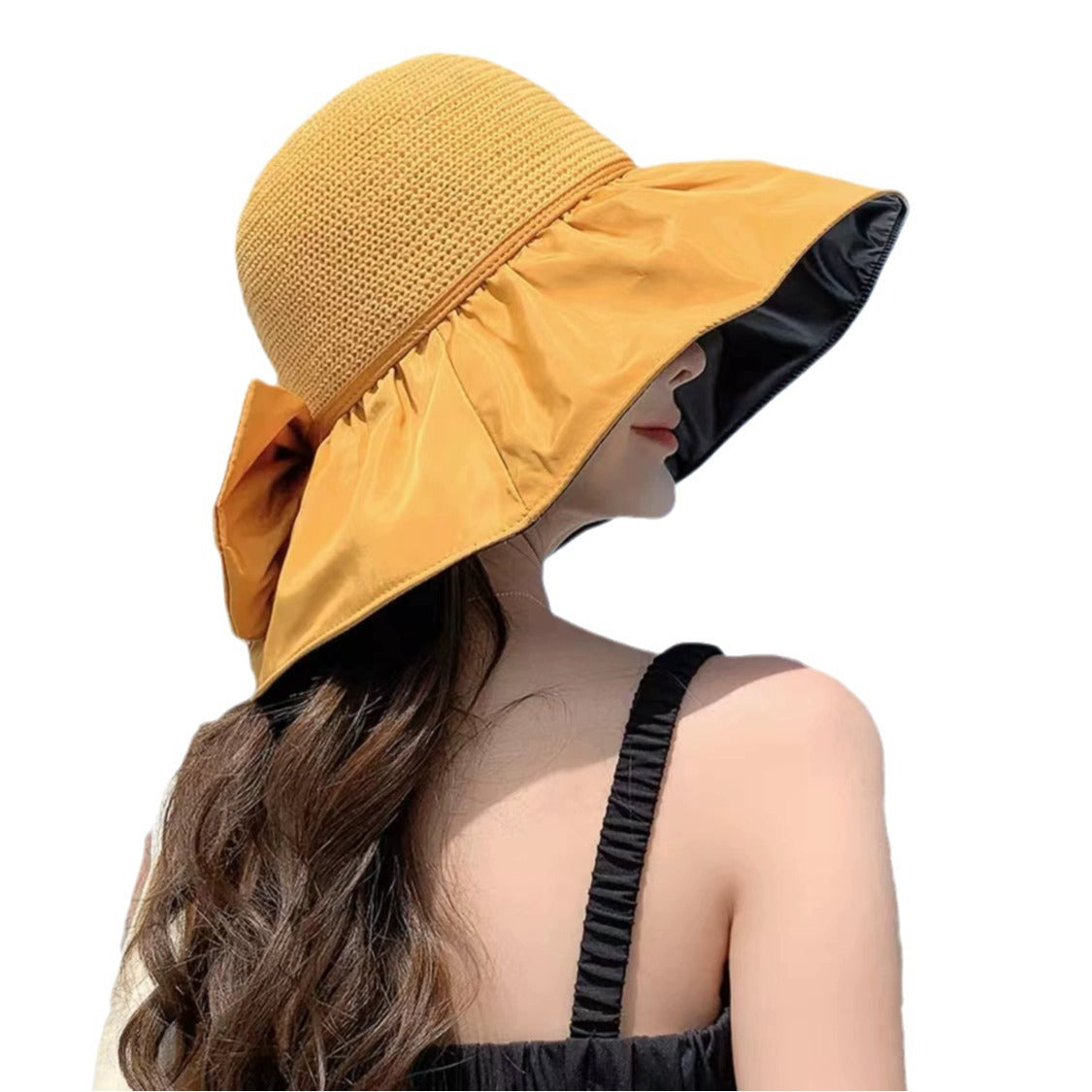 Sunscreen hat Women's UV protection Sun hat Foldable vinyl bow storage bucket hat Face covering Big brim hat