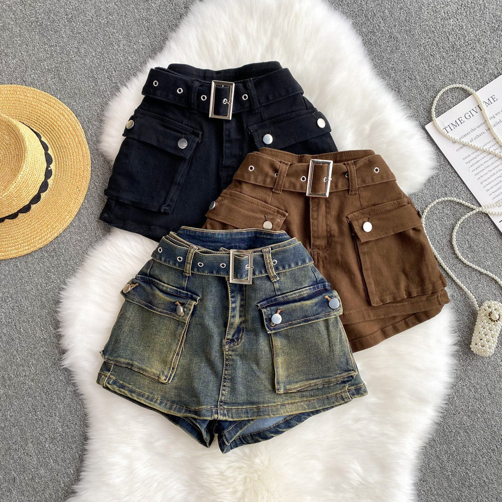 American retro hot girl workwear style skirts women's high waistslimming lookeasiest for matchretro distressed denim shorts women's loose pants