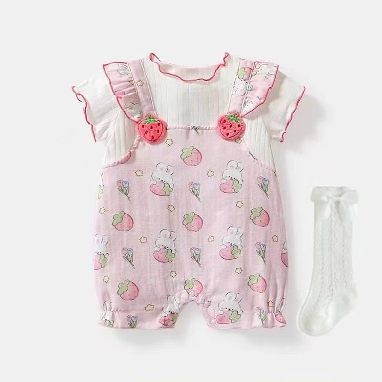 Baby girl summernew arrival short-sleeved jumpsuit girl summer clothes romper thin strawberry flying sleeves newborn jumpsuit