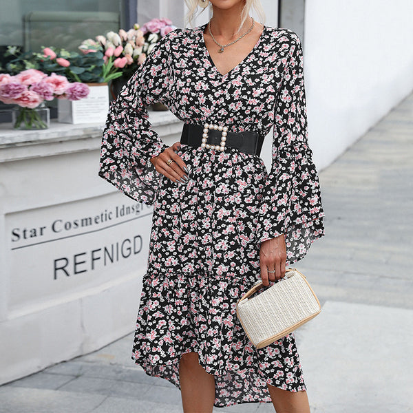 Independent Station Cross-border Foreign Trade European and American Fashion Women's Clothing Irregular Long Sleeve Floral Dress Autumn and Winter Dress
