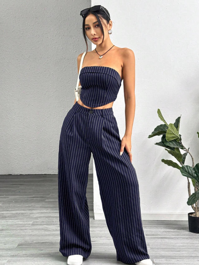cross-border fashion shein women's striped strapless top and loose, slimming suit pant set