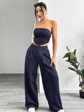 cross-border fashion shein women's striped strapless top and loose, slimming suit pant set