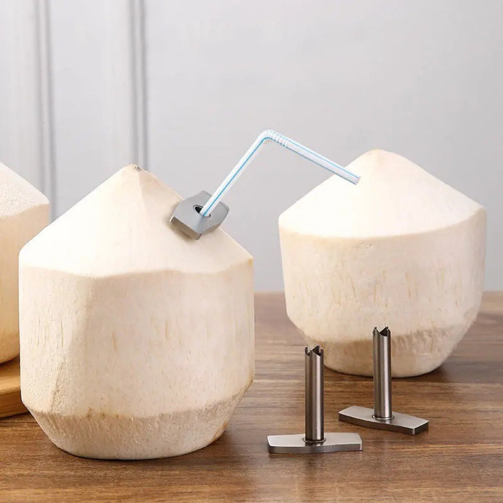 Stainless steel coconut opener - quick coconut drilling tool for fresh coconuts, includes straw insertion tool
