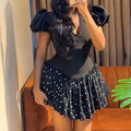 European and american cross-border women's fashion:  autumn new arrival - elegant v-neck puff sleeve slim-fit patchwork short a-line dress