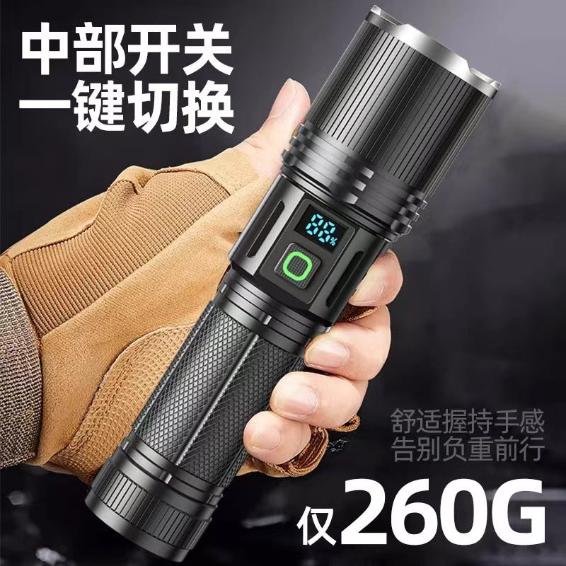 Cross-border aluminum alloy digital flashlight mechanical zoom strong light USB charging outdoor emergency long-range strong light flashlight