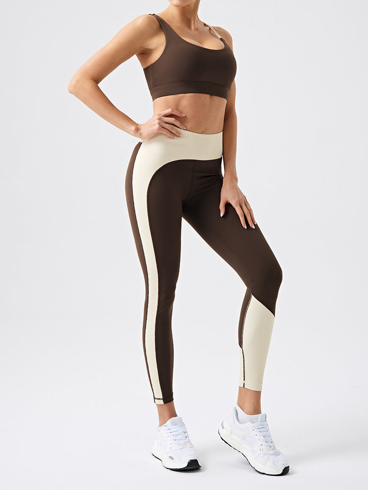color block fashion pilates yoga set for women with built-in bra, slimming outdoor fitness apparel