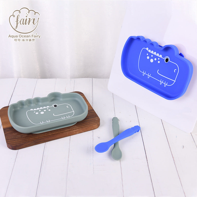 Food-grade silicone tableware, eating 2-piece set, animal lion-shaped dinner plate, stainless steel fork and spoon tableware set