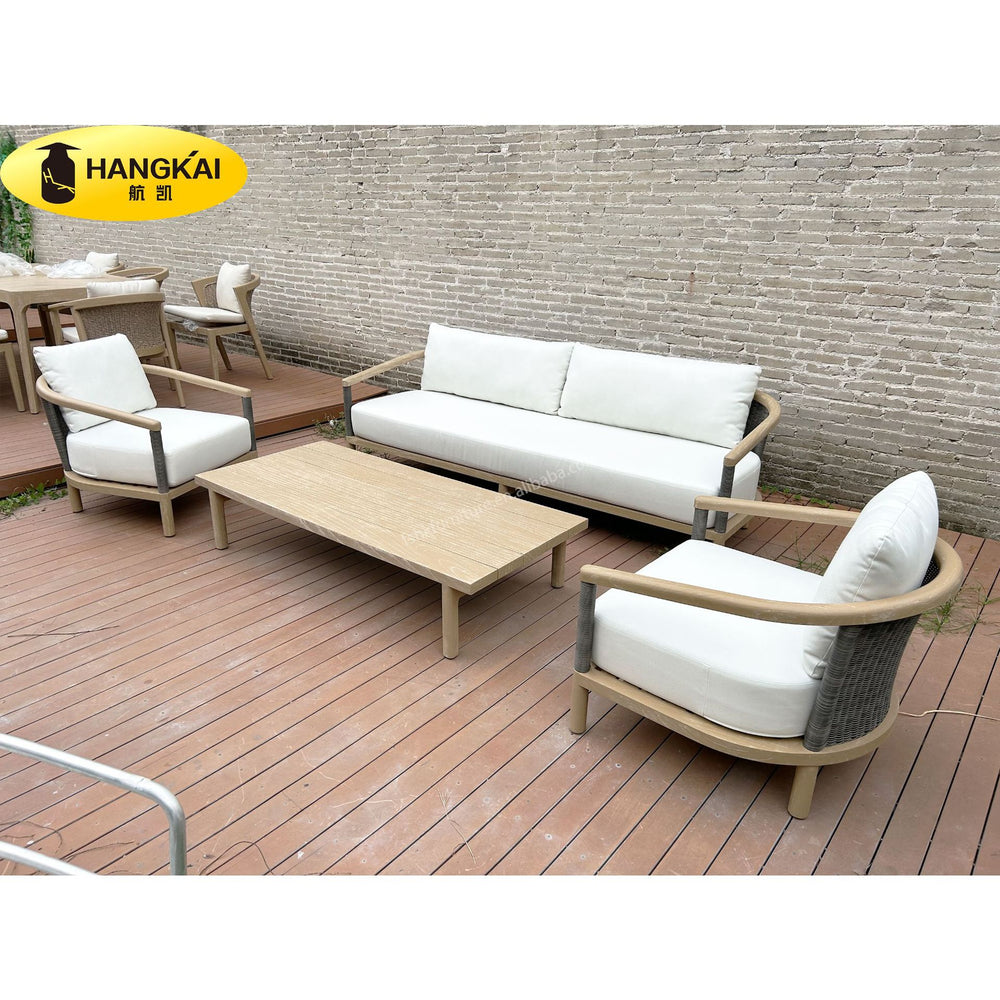 Complete custom nordic casual outdoor rattan woven teak sofa set for villa courtyard, outdoor rattan woven table and chair set with solid wood frame
