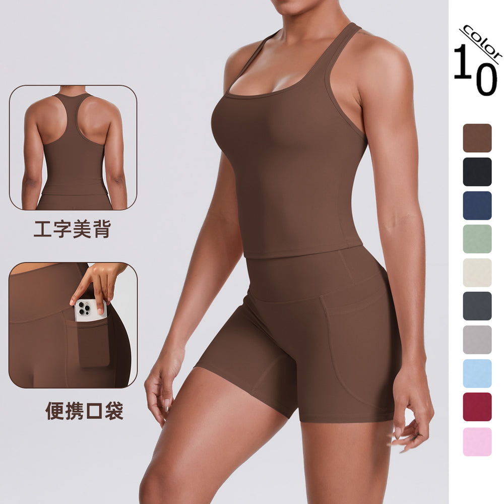brushed pure color tight racerbackflap pocket pants shorts sports suit running fitness yoga wear two-piece set