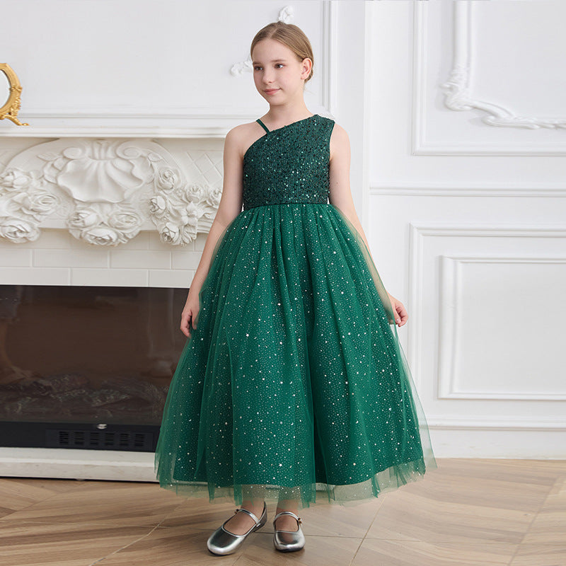 European and american export custom girls' dresses - one-shoulder, off-the-shoulder formal gowns - high-end sequin runway host/performance costumes for children