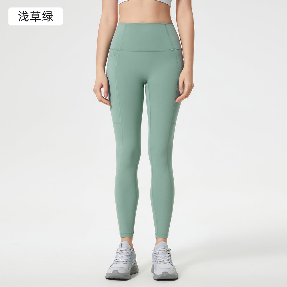 Naked yoga nine-point pants high waist hip belt flap pocket pants tight sports pants elastic tummy control fitness pants women d25036