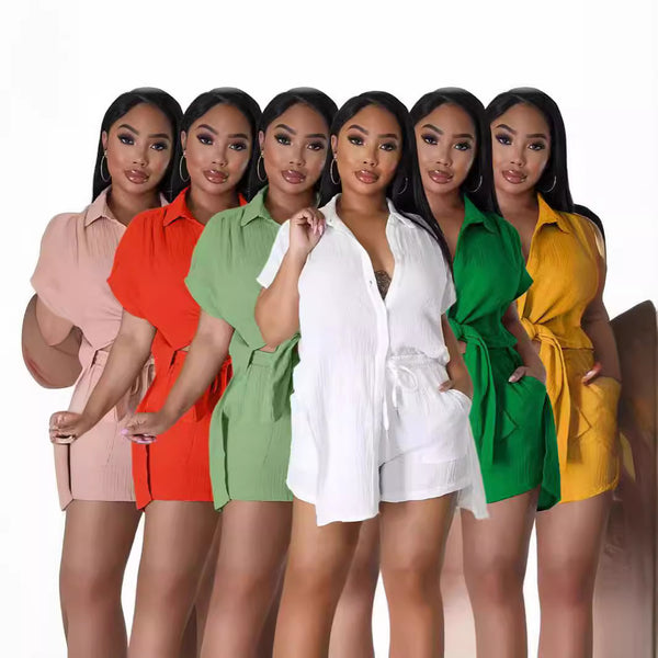 's new summer lapel shirt casual suit women's  ins strap casual shorts women's suit