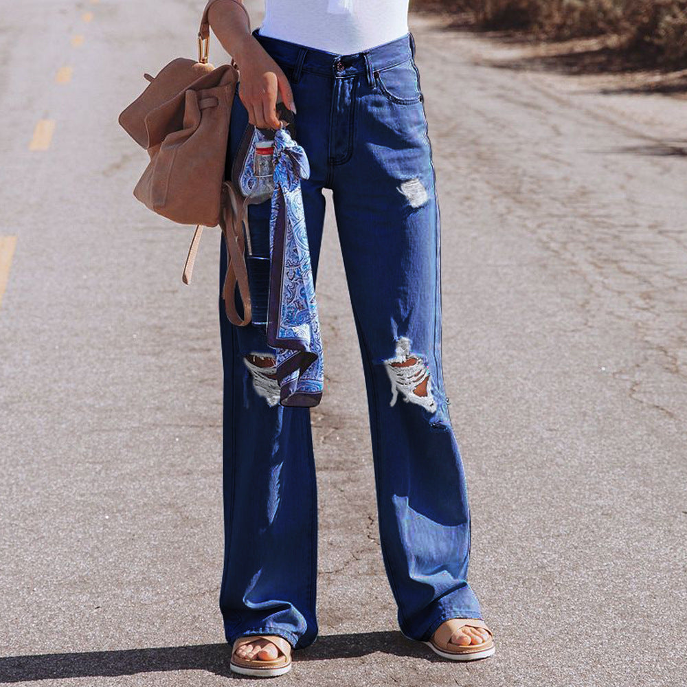 summer new arrival:  cross-border washed distressed high-waisted denim wide-leg casual pants for women