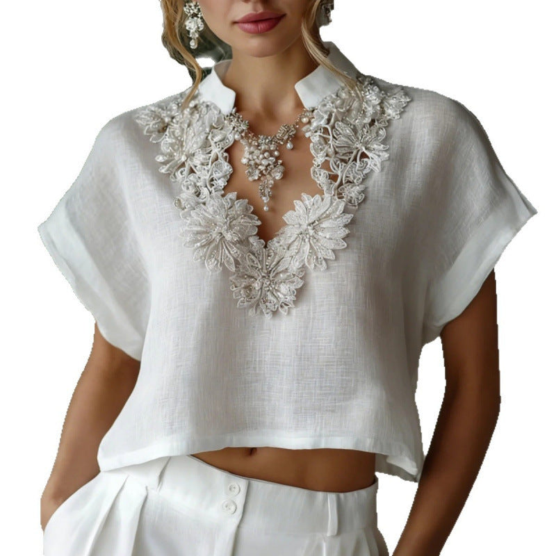 Amazon european cotton linen casual solid color stand collar shirt women's  summer new slimming short top