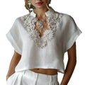 Amazon european cotton linen casual solid color stand collar shirt women's  summer new slimming short top