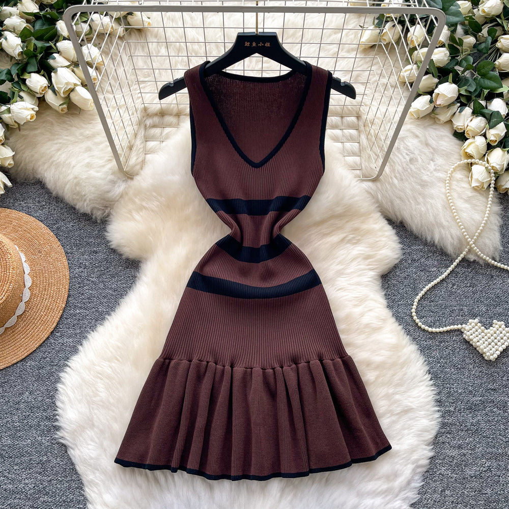 K-style v neckknittingstripes unique dress female salt style wear sleeveless waist elegant a-line skirt work clothing short skirt