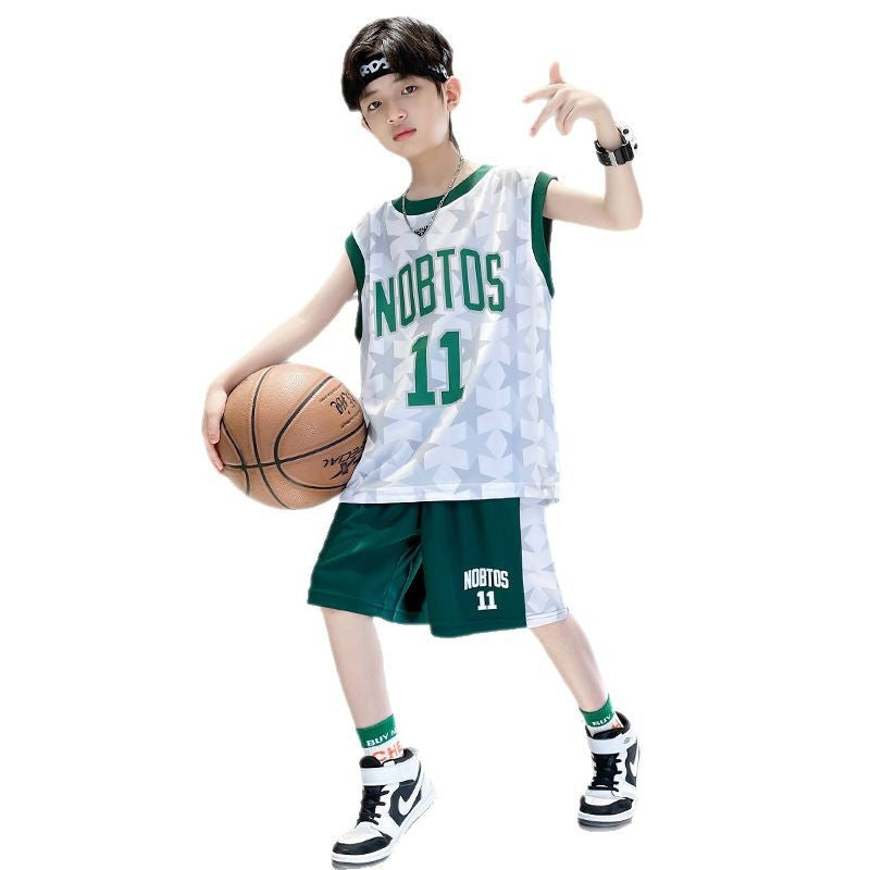 Kids' basketball sleeveless set: boys' summer tank top, competition training team uniform, student sports jersey & shorts - quick dry