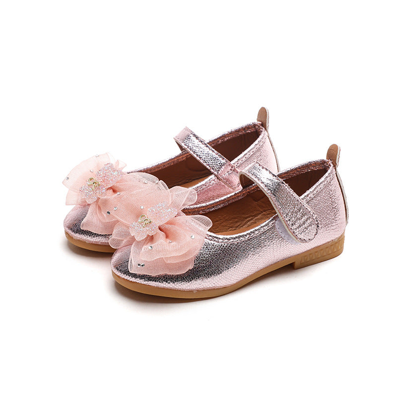 Girls'  spring new bowknot soft sole princess leather shoes for mid-to-large children - wholesale magic tape closure kids' shoes (direct from manufacturer)
