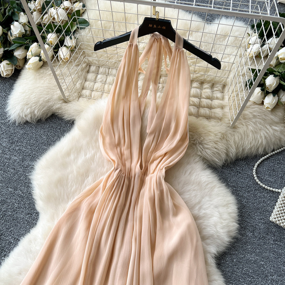 Vacation-style dress  summer french chic v-neck halter neck tie waist elegant backless chiffon maxi dress