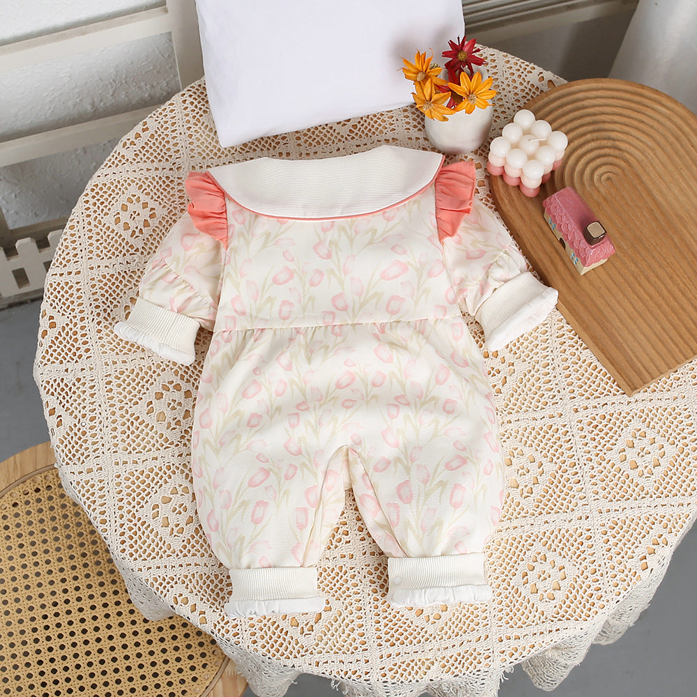 One-piece spring autum double-layer narcissus one-piece baby girl style autum princess khaki can go out and crawl