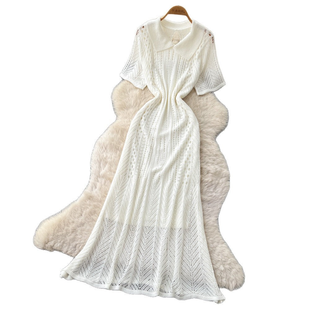 Korean style light luxury lapel short sleeve hollow-out knit dress - women's summer cinched waist tie a-line maxi dress - commute friendly