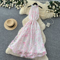 French riviera style halter floral dress - women's summer  high-waisted slimming yellow a-line maxi dress