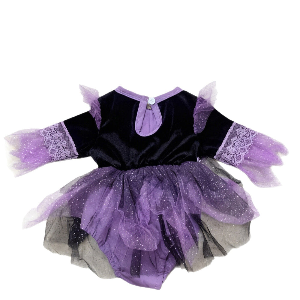 Baby girl halloween witch cosplay patchwork purple mesh romper