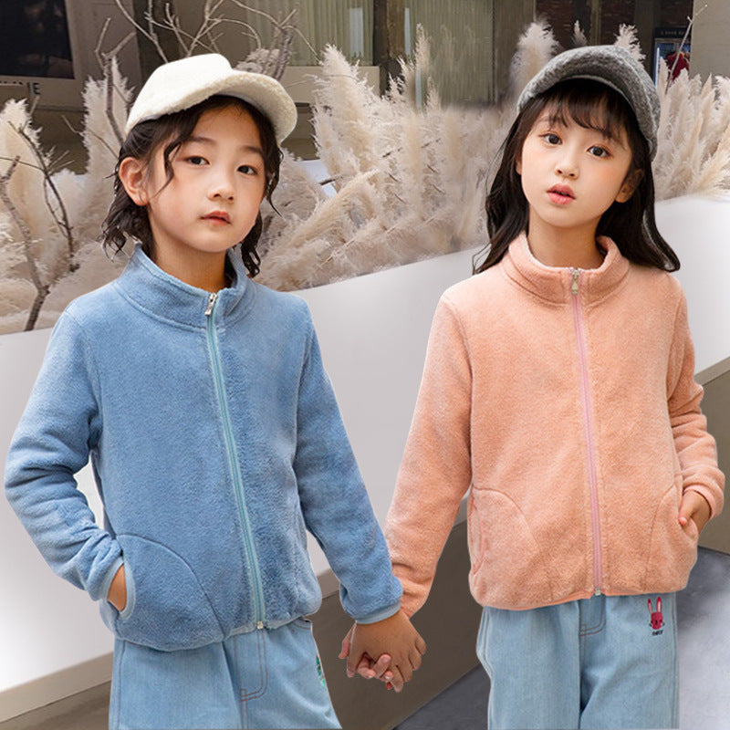 fall/winter new solid color zip-up long sleeve stand collar outdoor korean style girls' fleece-lined jacket - direct from the manufacturer