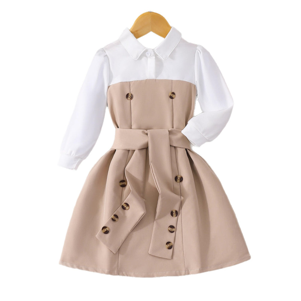 Girls' dress, button-down collar patchwork dress + belt