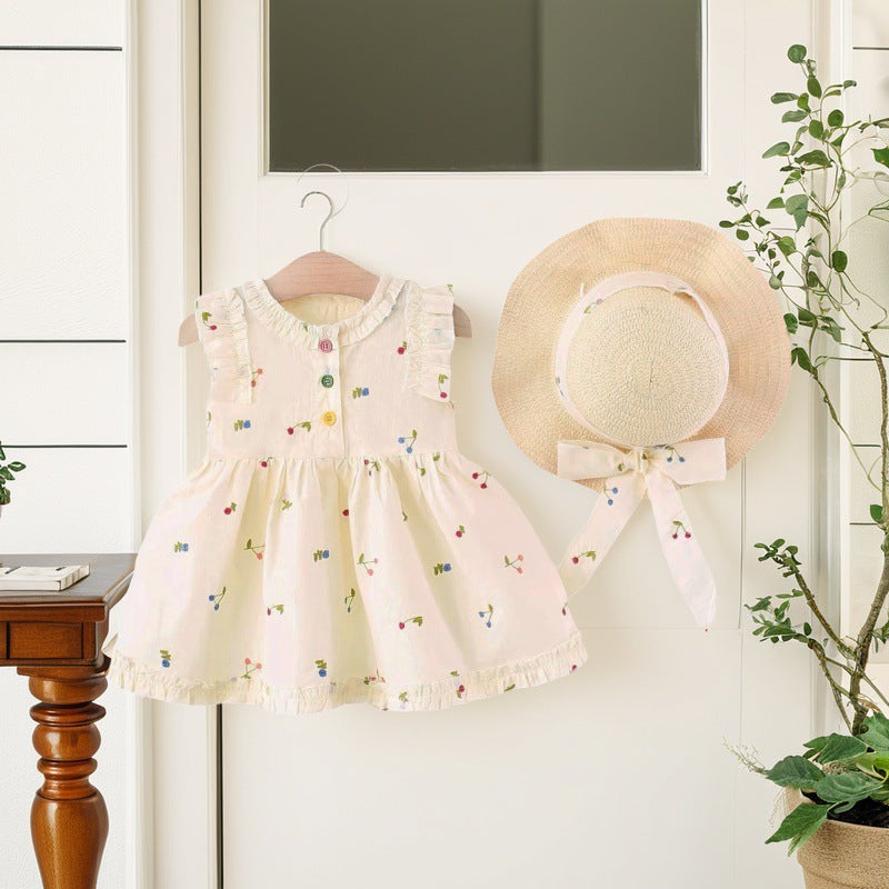 Girls' summer dress  new style children's skirt cherry little girl chic princess dress kids' clothing with hat