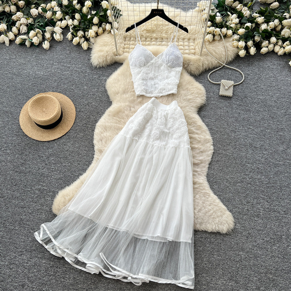 French romantic lace camisole and mesh skirt two-piece set - women's summer slimming chic fashion outfit