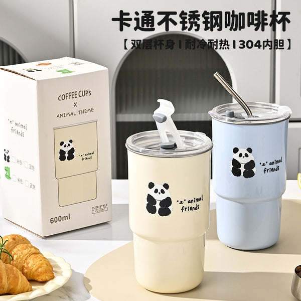 304 stainless steel panda coffee cup large capacity with lid with straw cup high value cold drink cup juice water cup