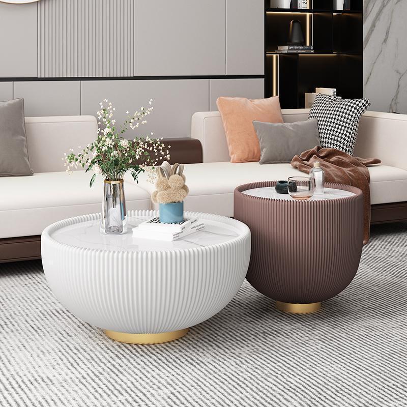 Nordic light luxury coffee table modern living room table small apartment size combination round rock slab leather creative bowl coffee table