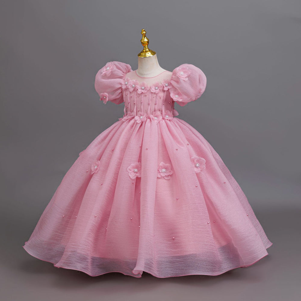 Ready-to-ship children's formal dress: bubble sleeve floral wedding dress, princess party dress for girls