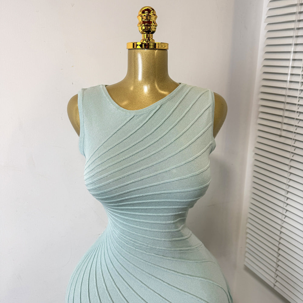 French sleeveless knittingdress women's water ripple hip cover long skirt summer slant neck ice silk asymmetrical a-line skirt