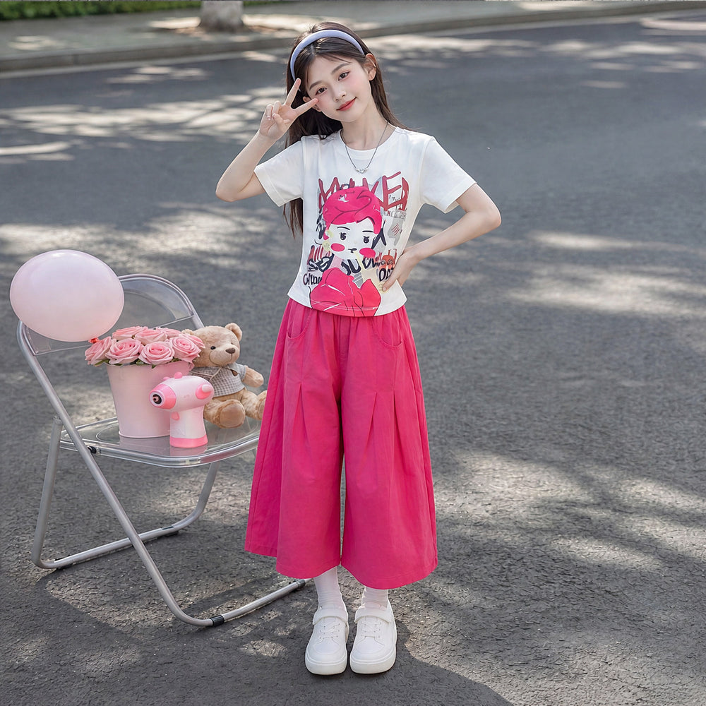 Girls' summer outfit : trendy and stylish short-sleeve two-piece set for girls (sizes for mid-to-large children) - dopamine summer collection