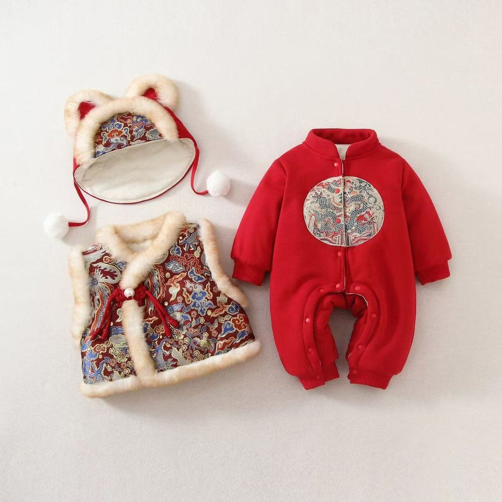 Winter girls' new year's outfit: new chinese style children's red fleece-lined thickened traditional tang suit set for the lunar new year